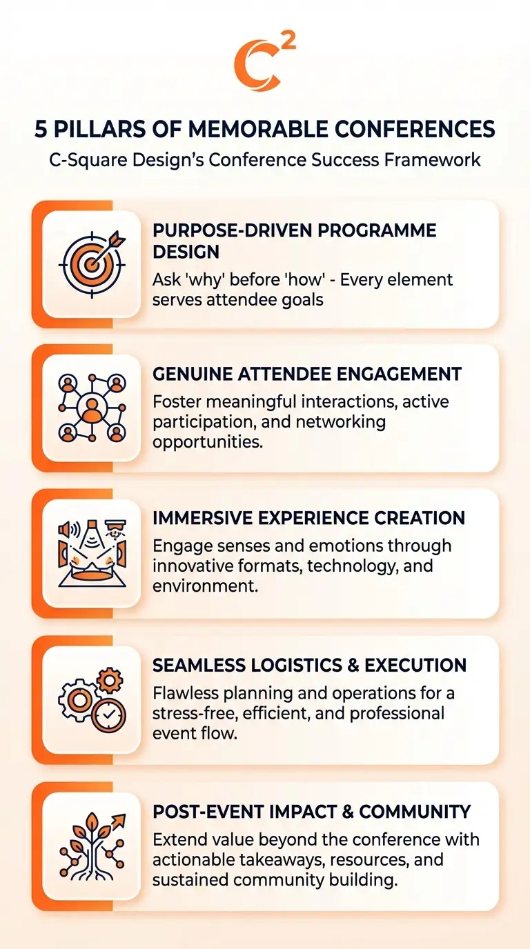 Infographic of the 5 pillars used by C-Square Design for memorable conferences as a conference organiser in Singapore